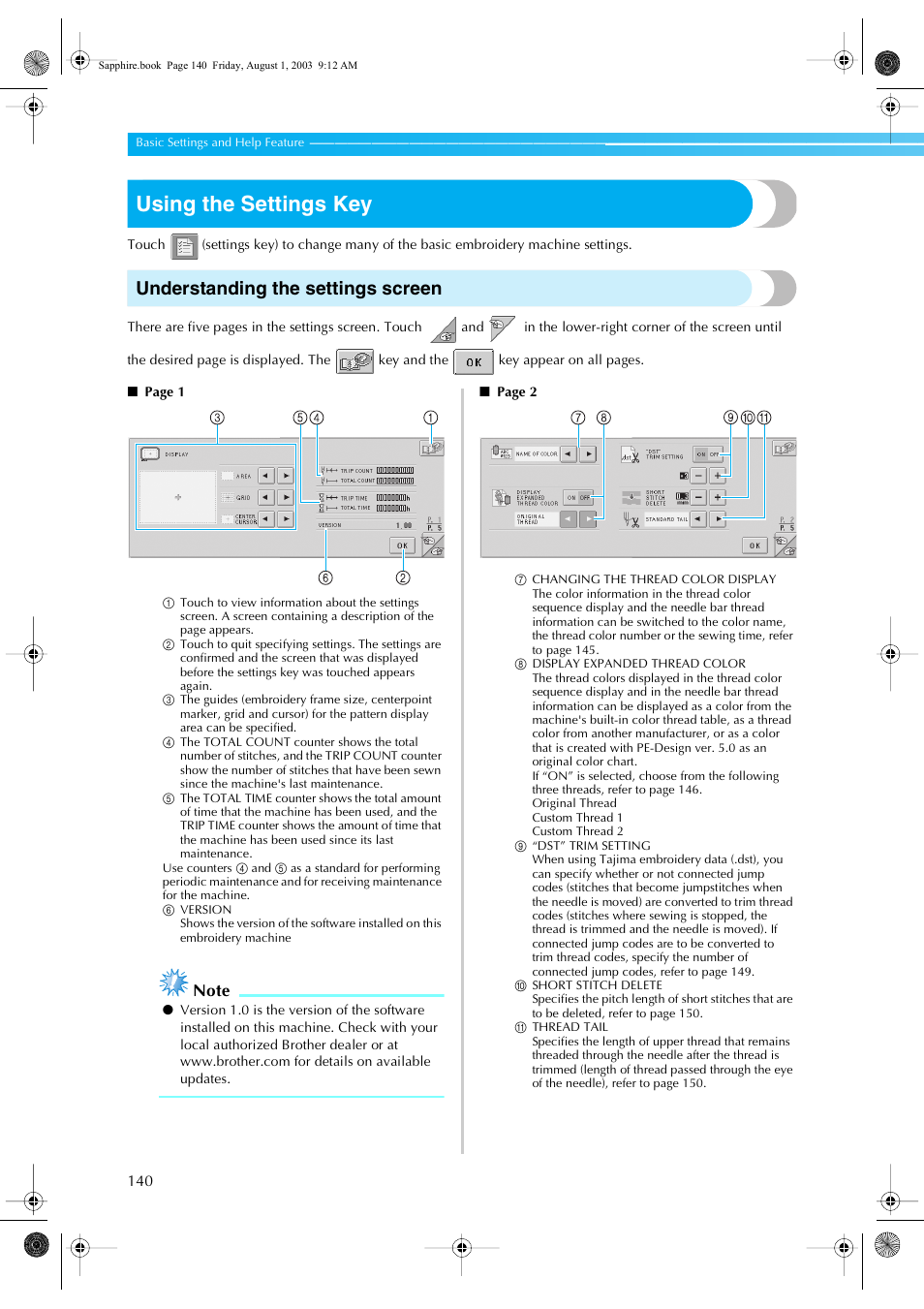 Using the settings key, Understanding the settings screen | Brother PR-600 User Manual | Page 159 / 228