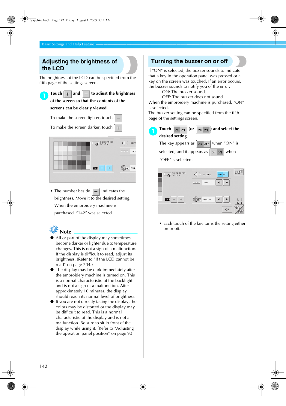 Adjusting the brightness of the lcd, Turning the buzzer on or off | Brother PR-600 User Manual | Page 161 / 228