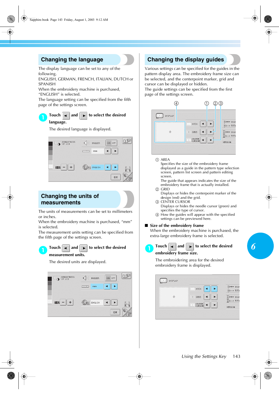 Changing the language, Changing the units of measurements, Changing the display guides | Brother PR-600 User Manual | Page 162 / 228