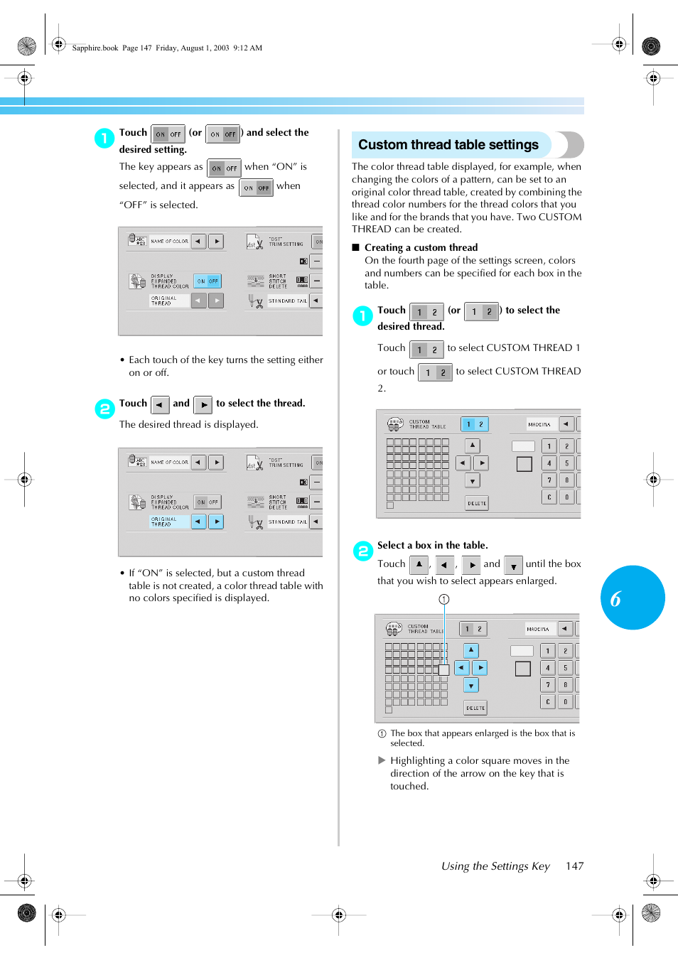 Custom thread table settings | Brother PR-600 User Manual | Page 166 / 228