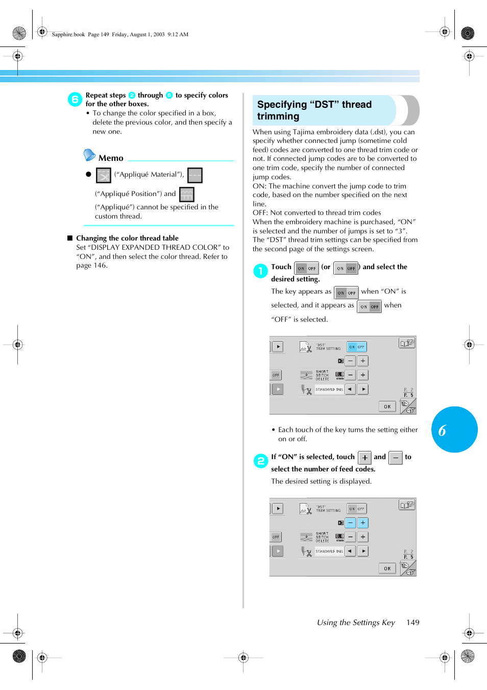 Specifying “dst” thread trimming | Brother PR-600 User Manual | Page 168 / 228