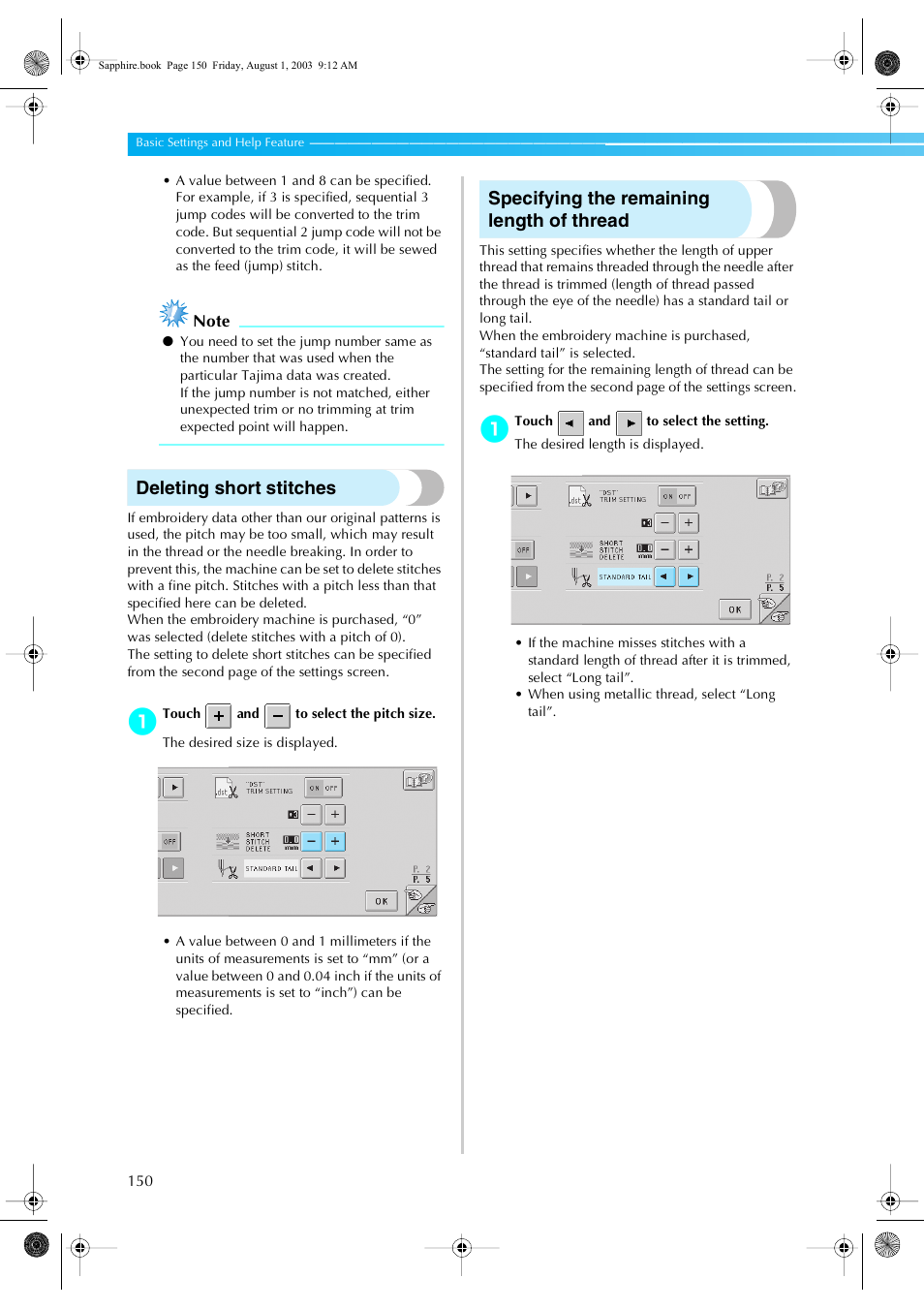 Deleting short stitches, Specifying the remaining length of thread | Brother PR-600 User Manual | Page 169 / 228