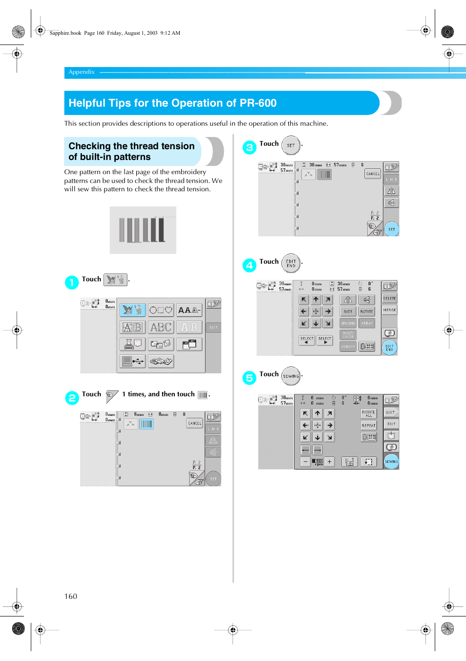 Helpful tips for the operation of pr-600, Checking the thread tension of built-in patterns | Brother PR-600 User Manual | Page 179 / 228