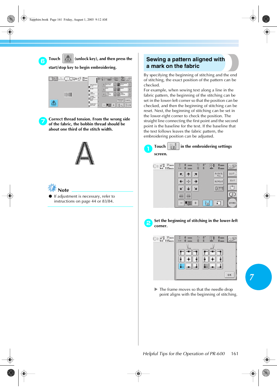 Sewing a pattern aligned with a mark on the fabric | Brother PR-600 User Manual | Page 180 / 228