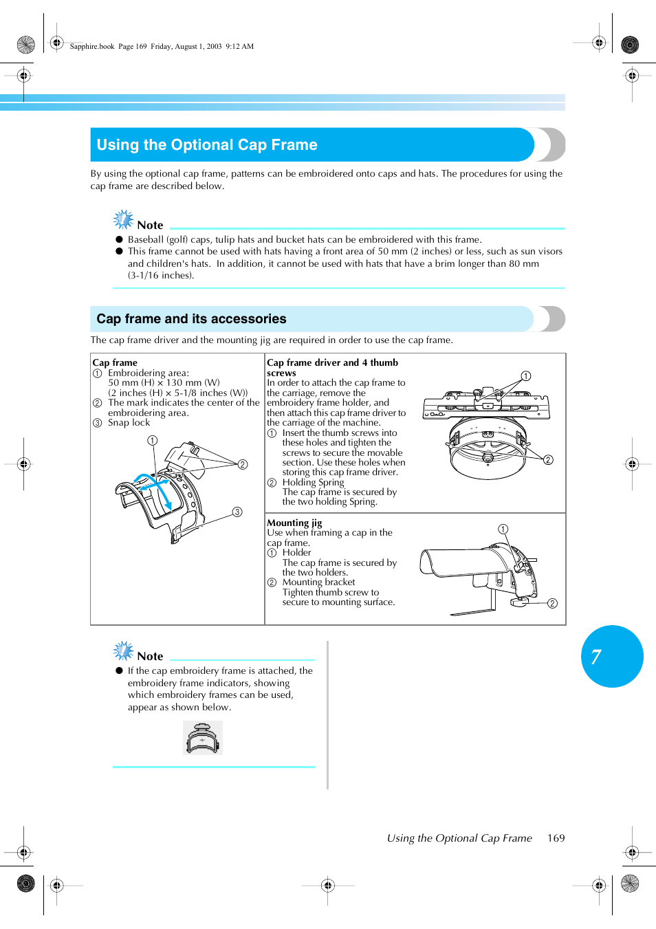 Using the optional cap frame, Cap frame and its accessories | Brother PR-600 User Manual | Page 188 / 228