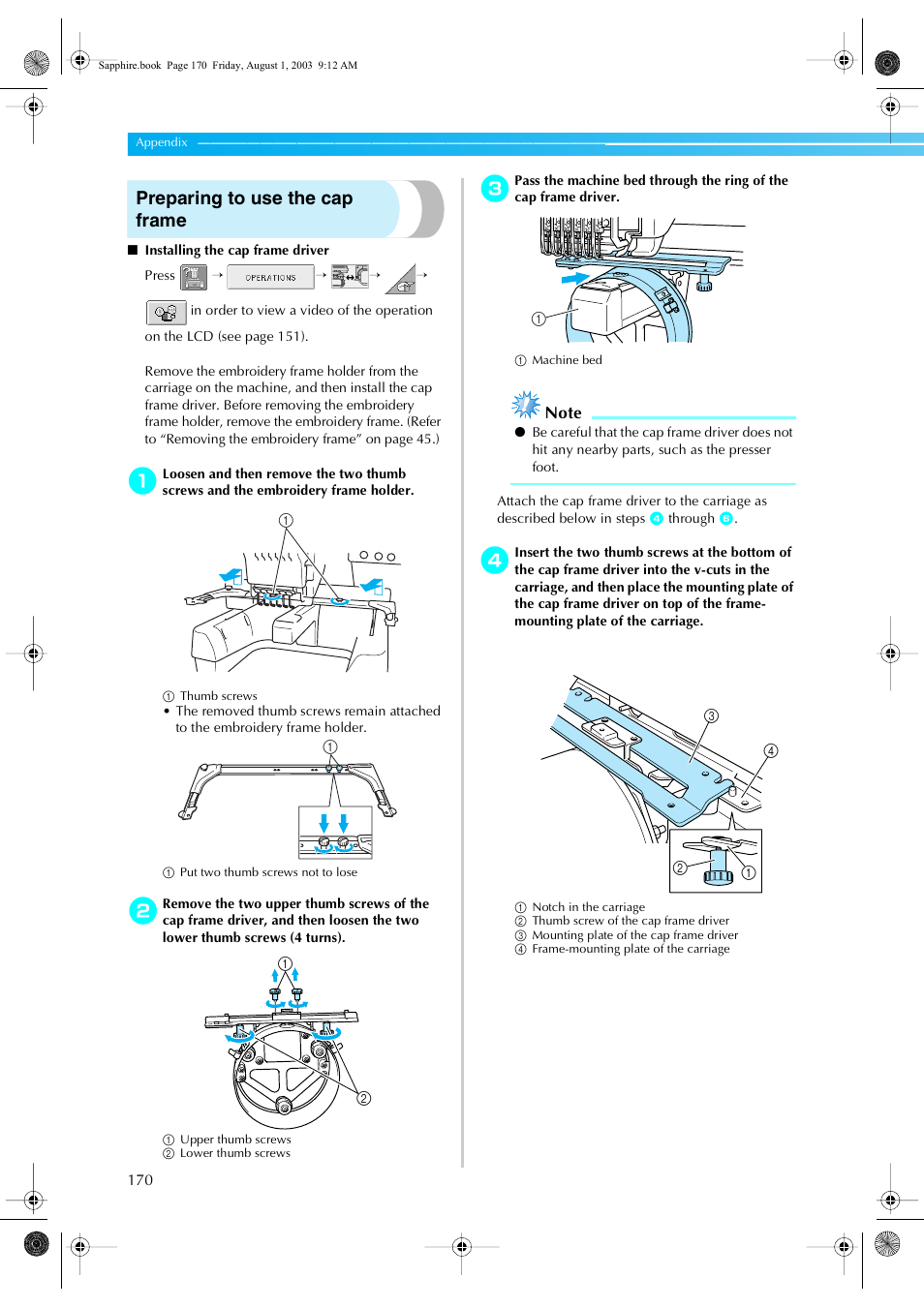 Preparing to use the cap frame | Brother PR-600 User Manual | Page 189 / 228