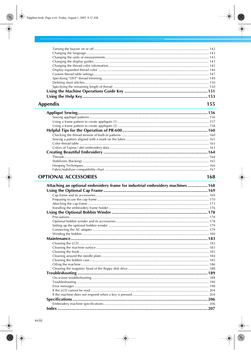 Appendix 155, Optional accessories 168 | Brother PR-600 User Manual | Page 19 / 228