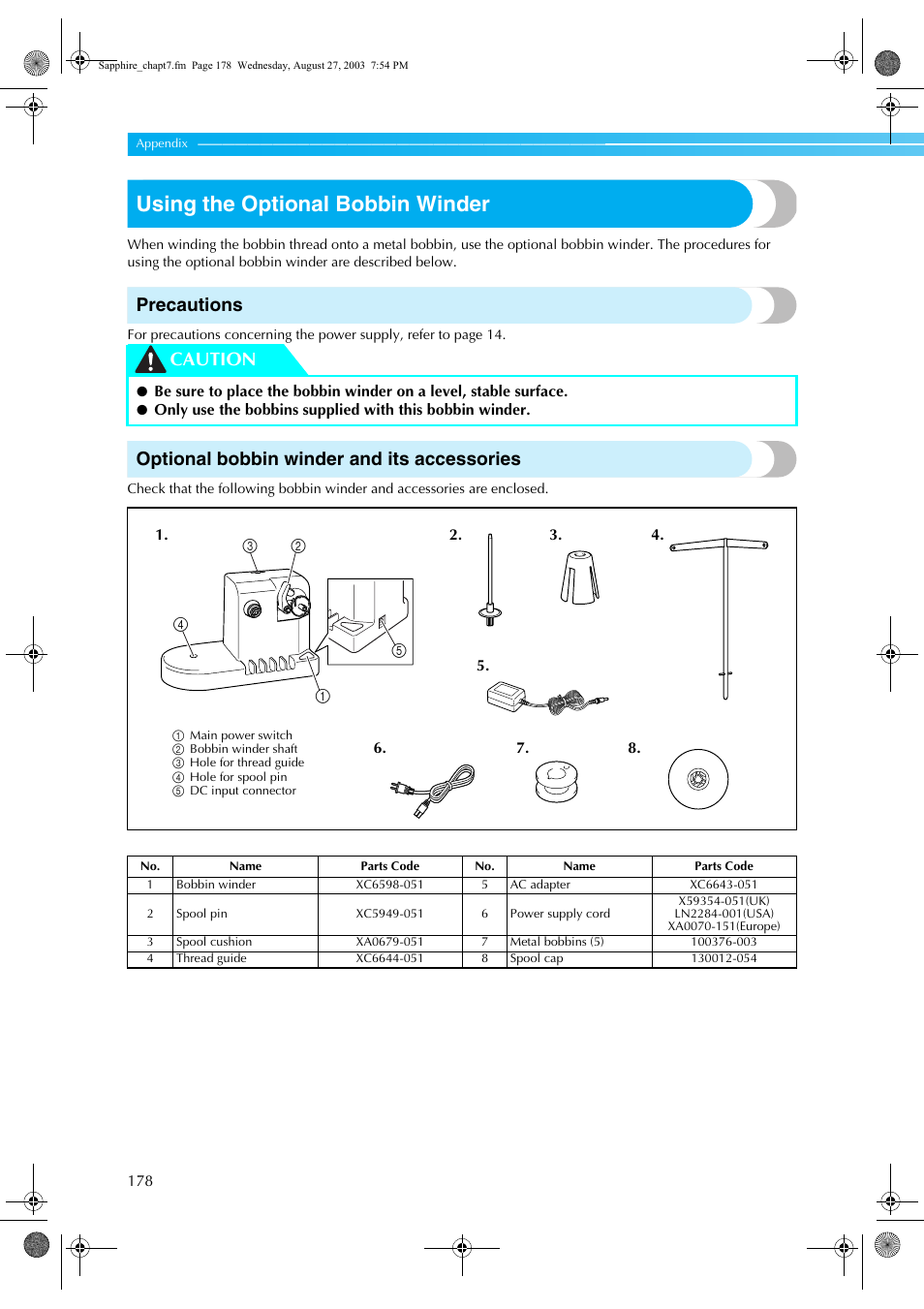 Using the optional bobbin winder, Precautions, Optional bobbin winder and its accessories | Caution | Brother PR-600 User Manual | Page 197 / 228