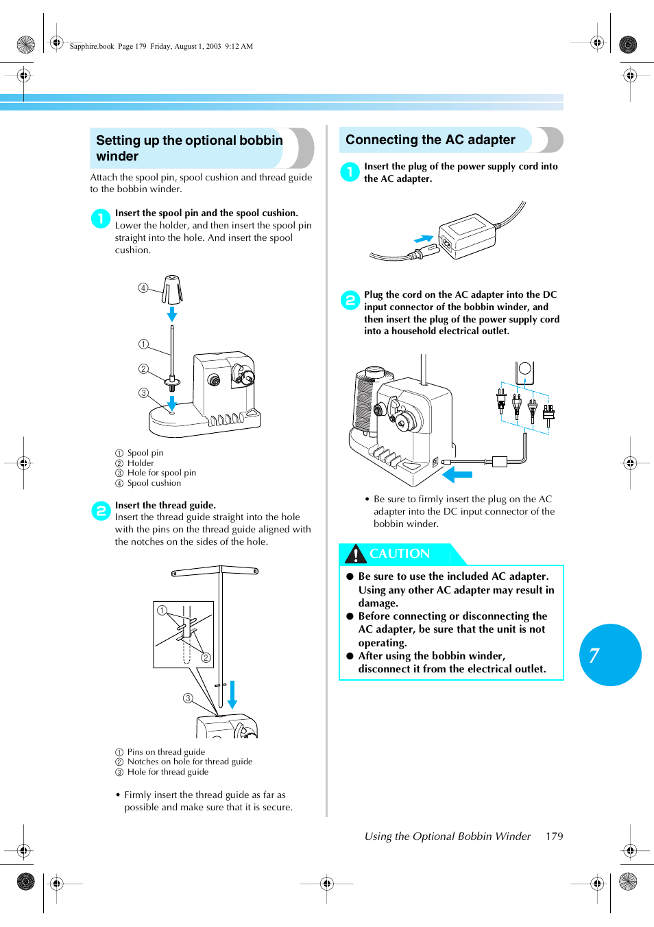 Setting up the optional bobbin winder, Connecting the ac adapter, Caution | Brother PR-600 User Manual | Page 198 / 228