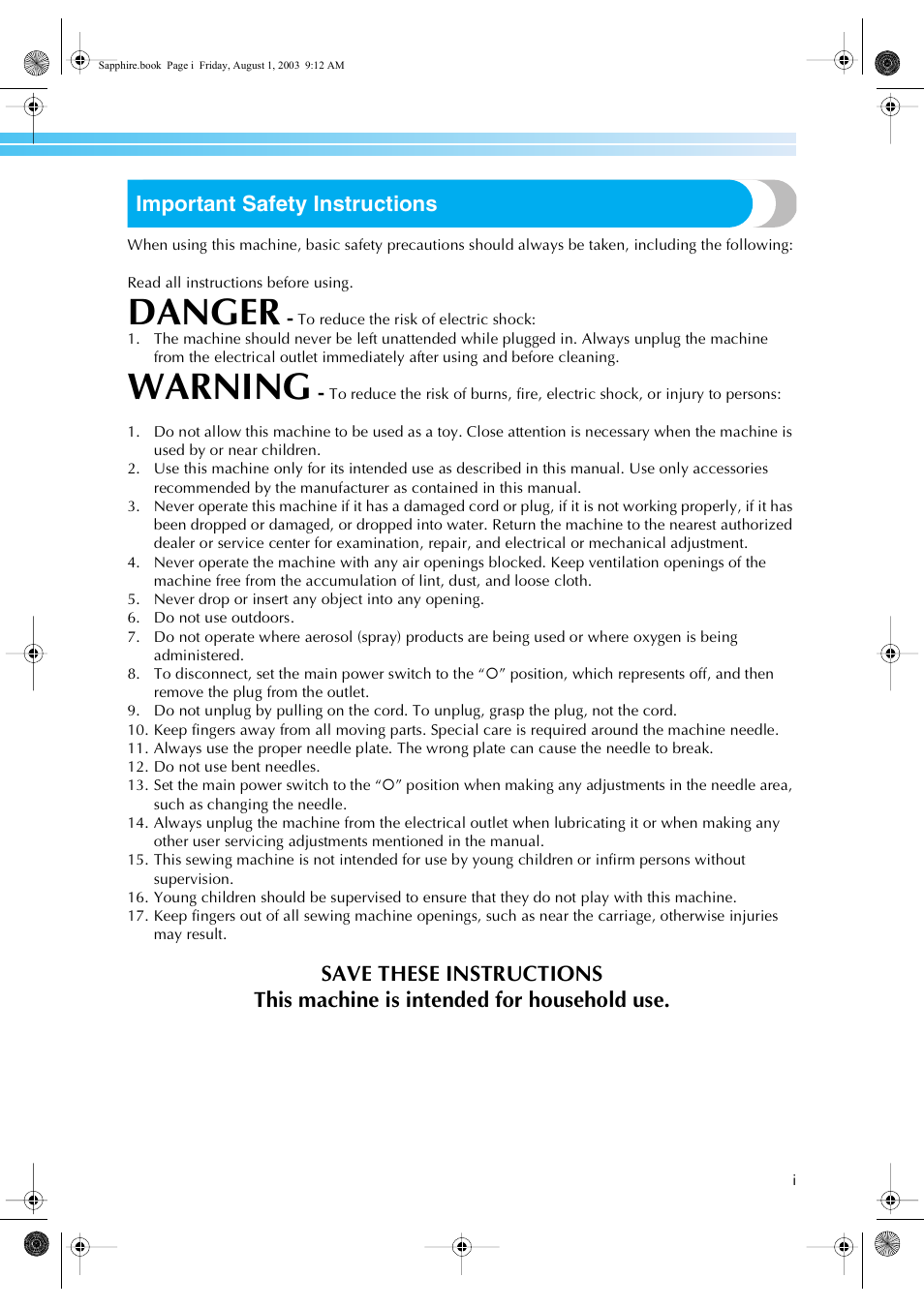 Danger, Warning, Important safety instructions | Brother PR-600 User Manual | Page 2 / 228