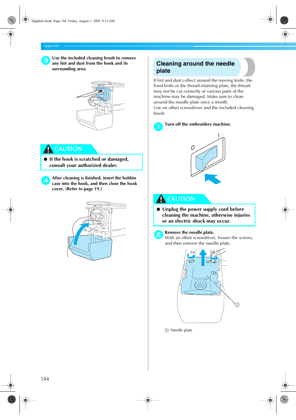 Cleaning around the needle plate, Caution | Brother PR-600 User Manual | Page 203 / 228