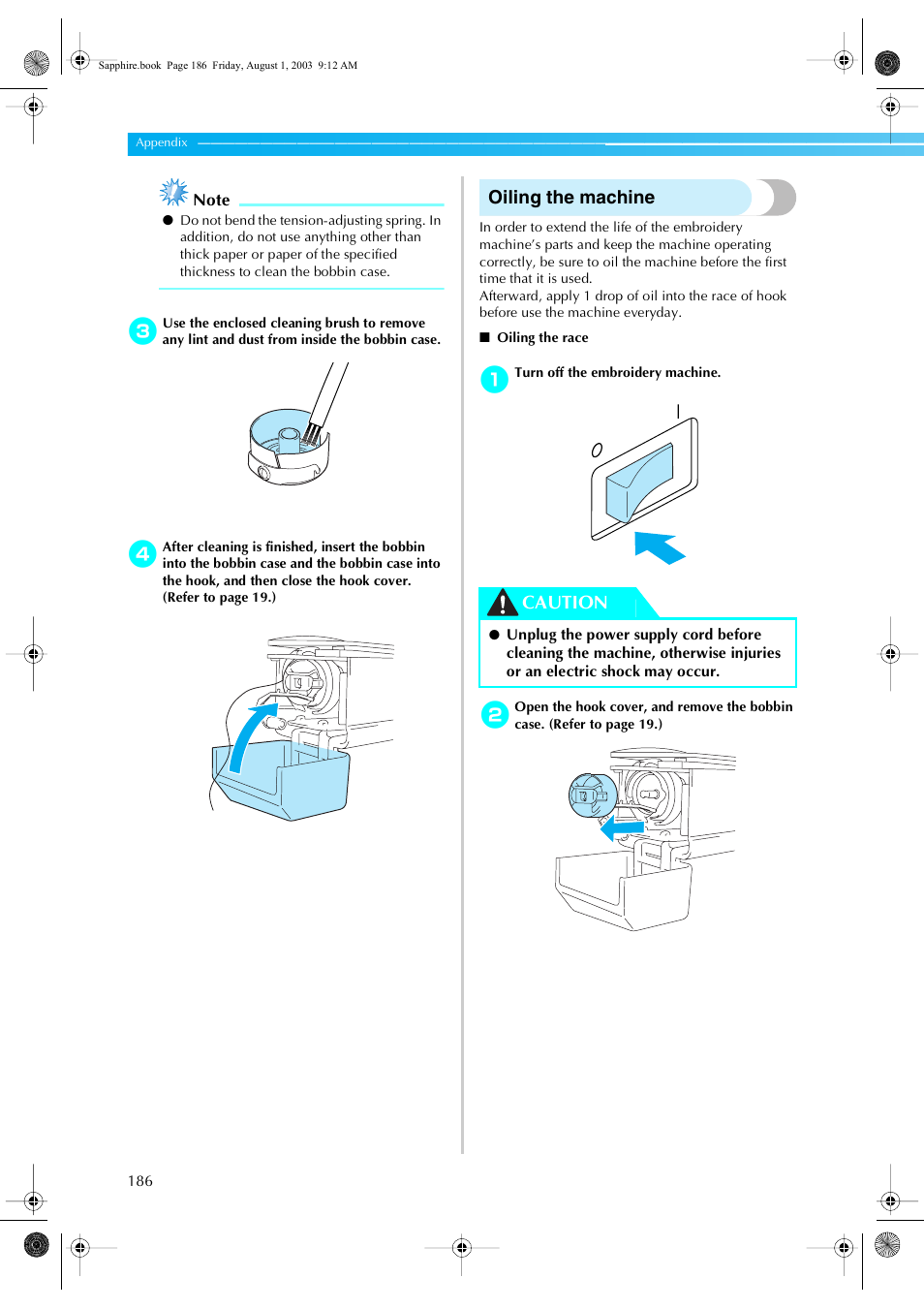 Oiling the machine, Caution | Brother PR-600 User Manual | Page 205 / 228