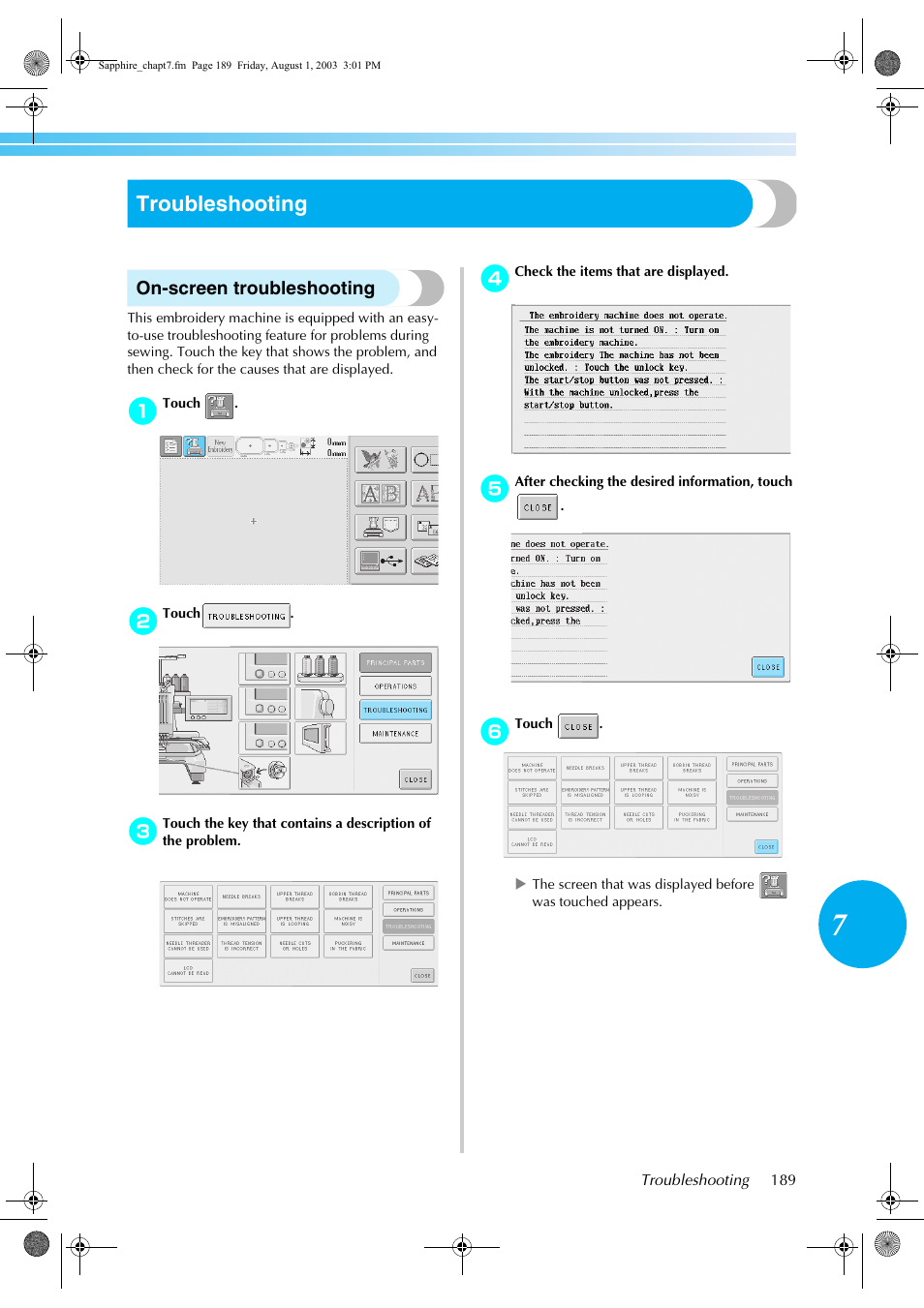 Troubleshooting, On-screen troubleshooting | Brother PR-600 User Manual | Page 208 / 228