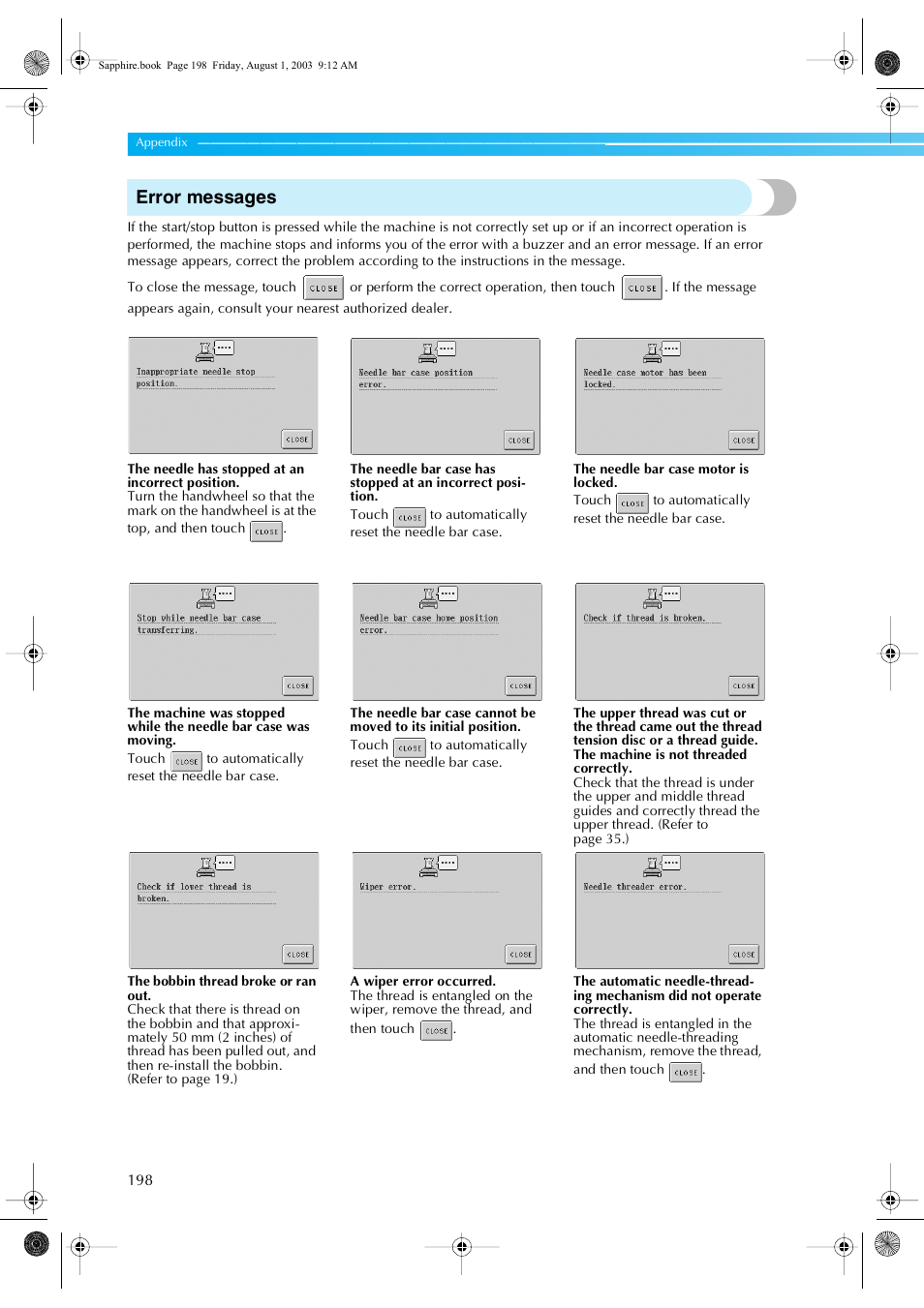 Error messages | Brother PR-600 User Manual | Page 217 / 228