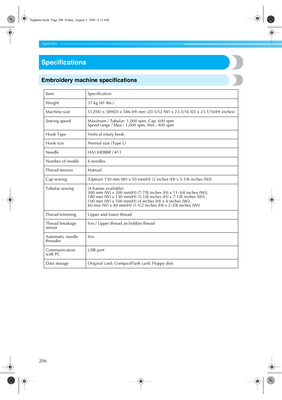 Specifications, Embroidery machine specifications | Brother PR-600 User Manual | Page 225 / 228