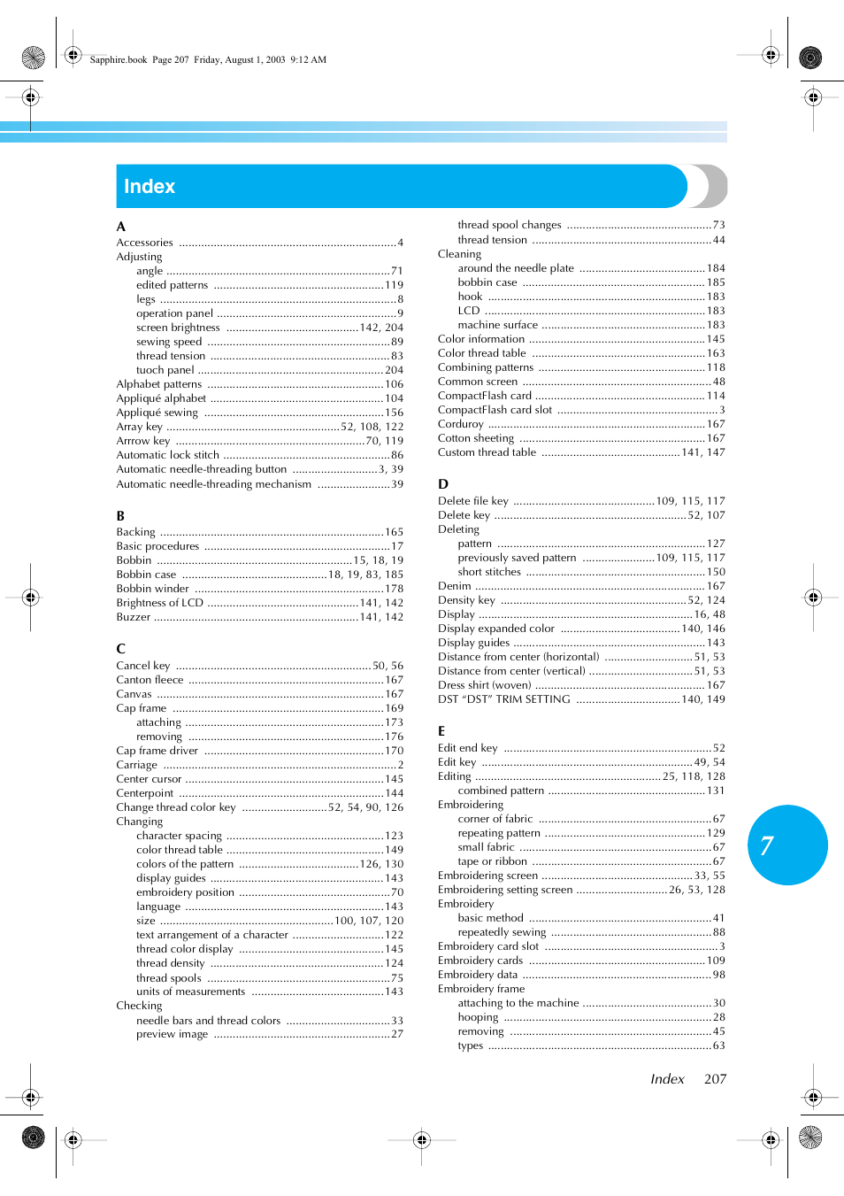 Index | Brother PR-600 User Manual | Page 226 / 228