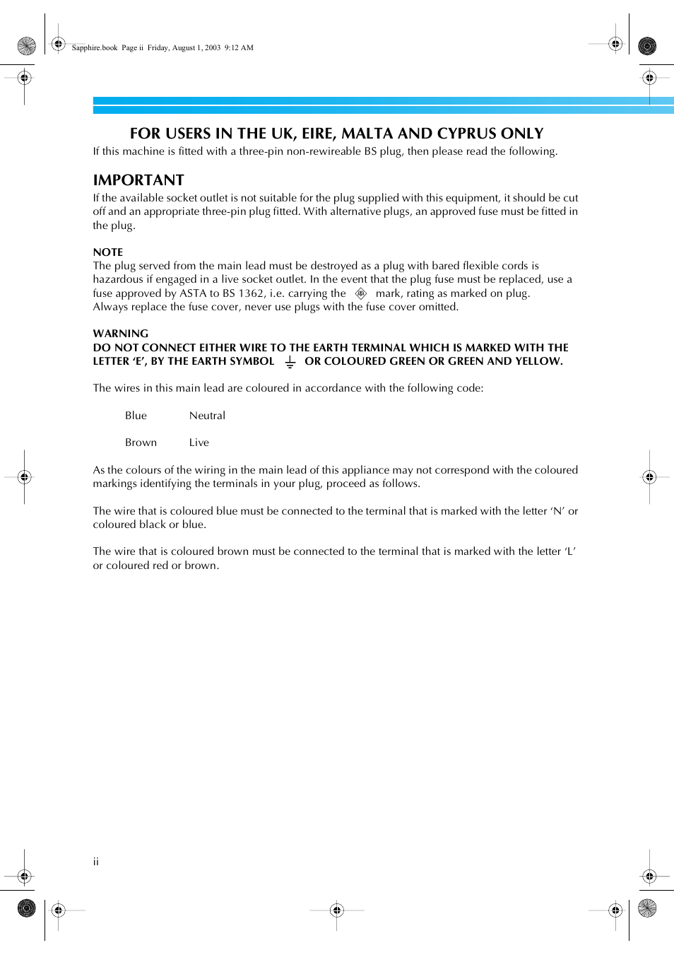 For users in the uk, eire, malta and cyprus only, Important | Brother PR-600 User Manual | Page 3 / 228