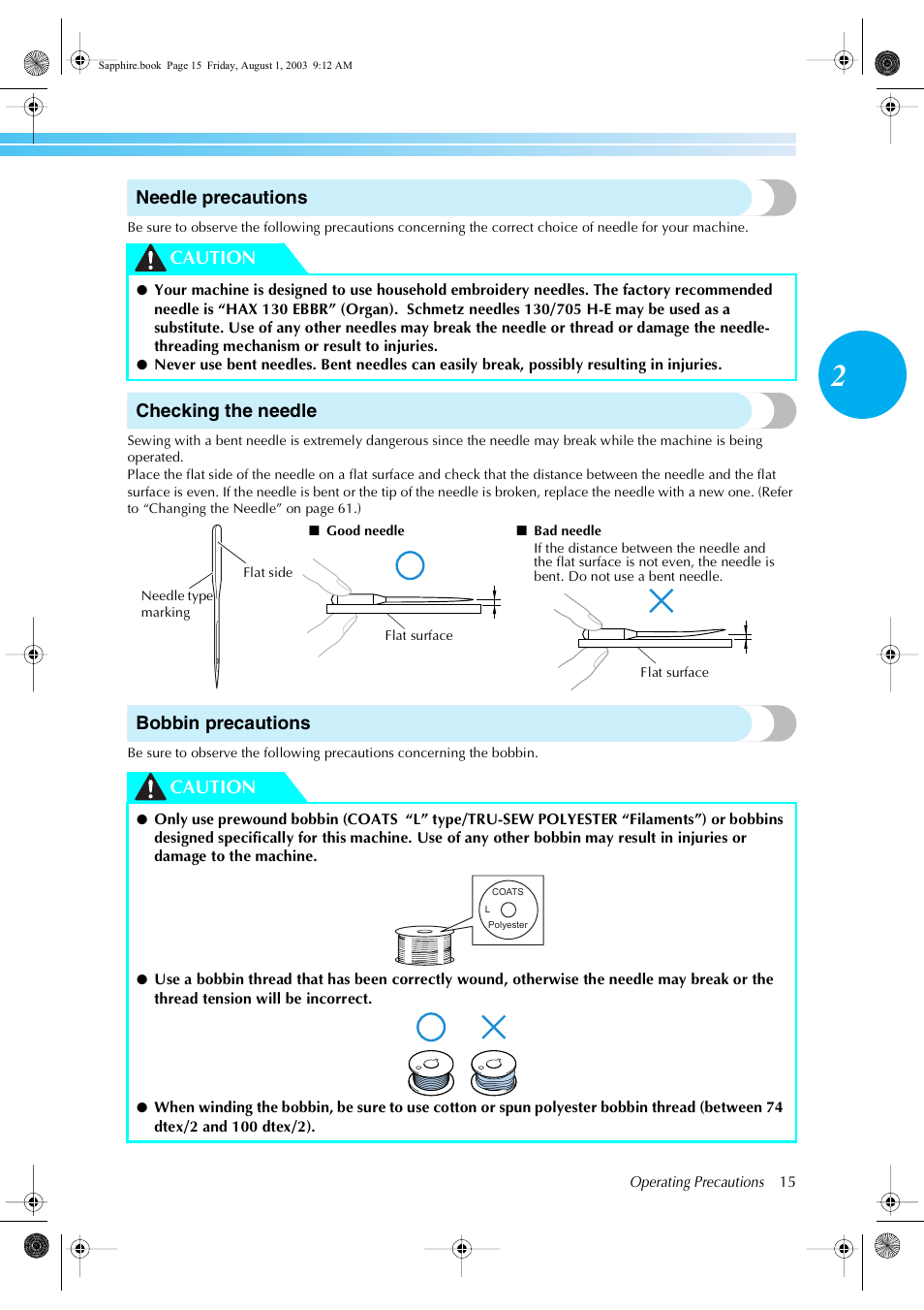 Needle precautions, Checking the needle, Bobbin precautions | Caution | Brother PR-600 User Manual | Page 34 / 228