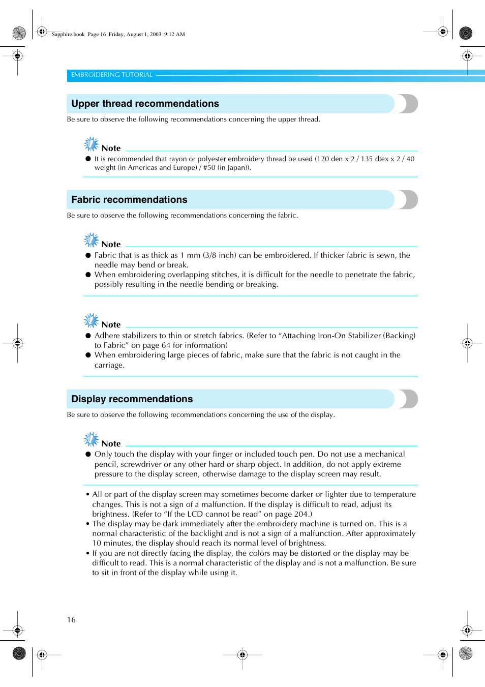 Upper thread recommendations, Fabric recommendations, Display recommendations | Brother PR-600 User Manual | Page 35 / 228