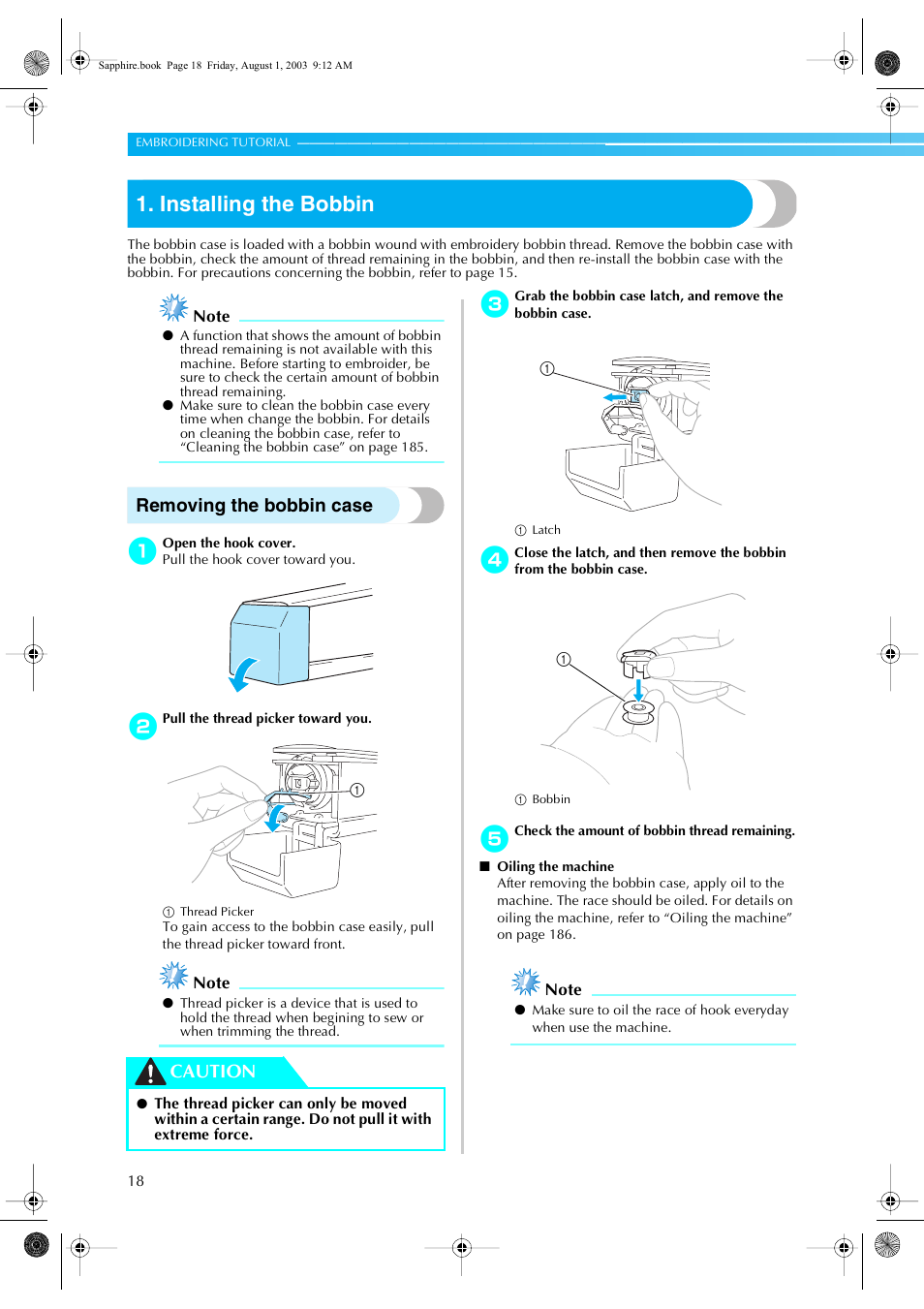 Installing the bobbin, Removing the bobbin case, Caution | Brother PR-600 User Manual | Page 37 / 228