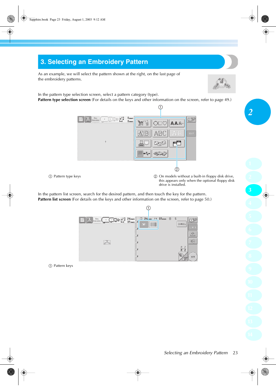 Selecting an embroidery pattern | Brother PR-600 User Manual | Page 42 / 228