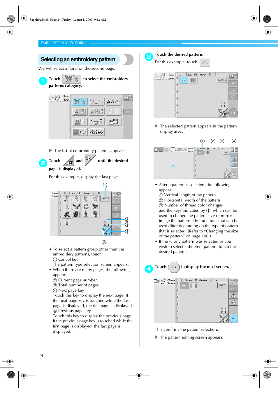 Selecting an embroidery pattern | Brother PR-600 User Manual | Page 43 / 228