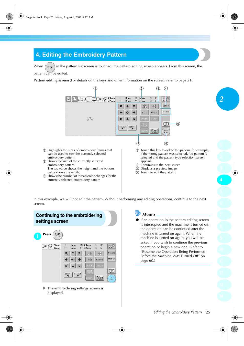 Editing the embroidery pattern | Brother PR-600 User Manual | Page 44 / 228