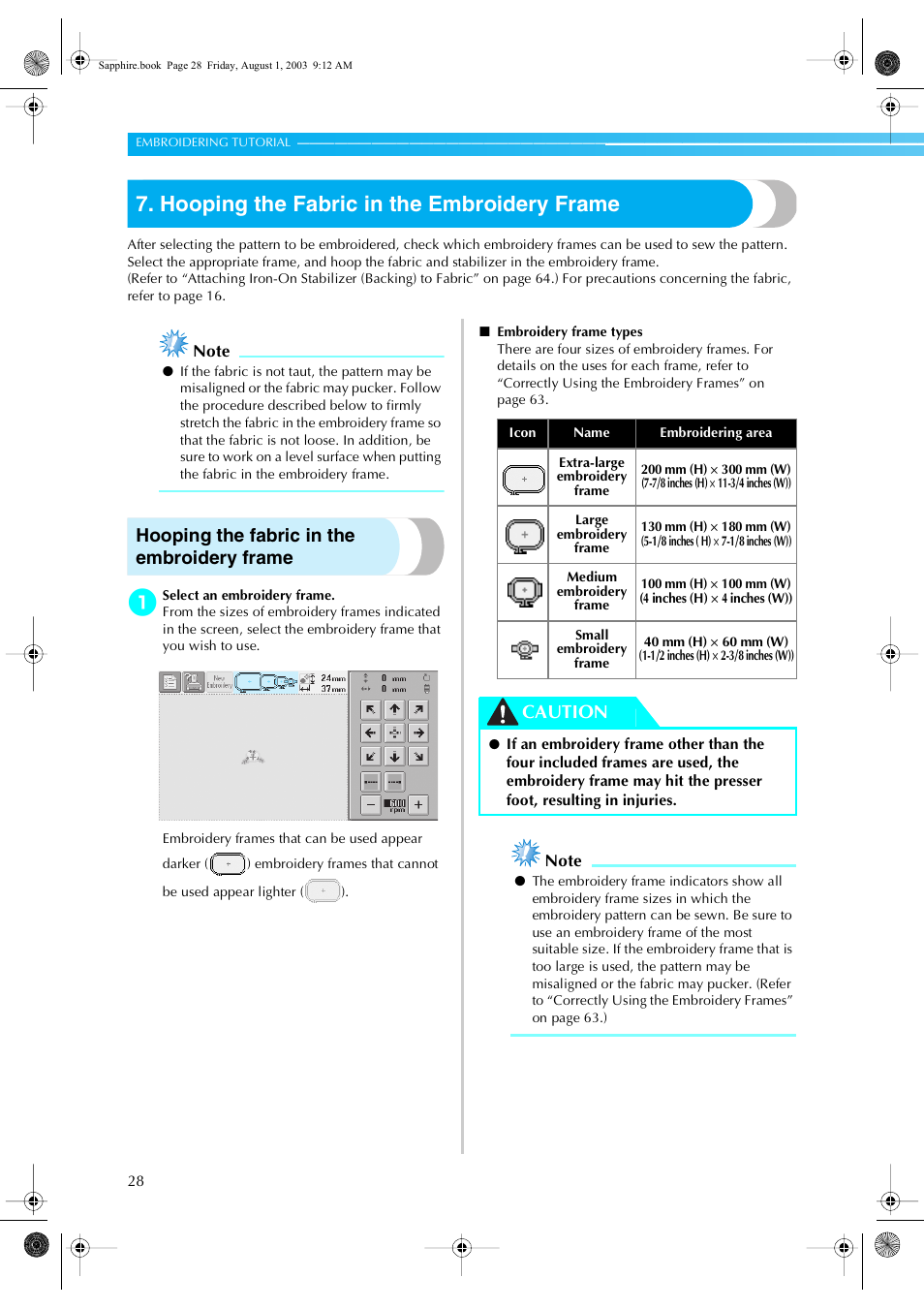 Hooping the fabric in the embroidery frame, Caution | Brother PR-600 User Manual | Page 47 / 228