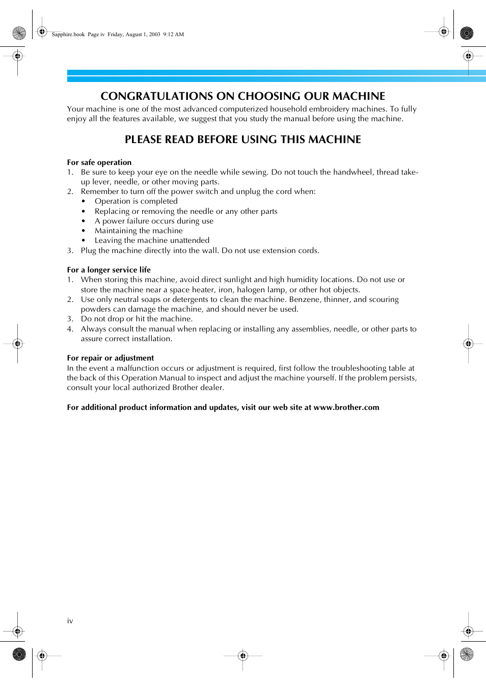 Please read before using this machine | Brother PR-600 User Manual | Page 5 / 228