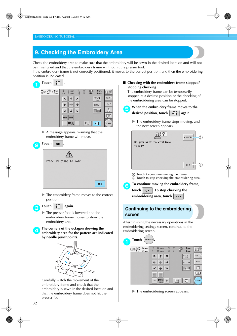 Checking the embroidery area, Continuing to the embroidering screen | Brother PR-600 User Manual | Page 51 / 228