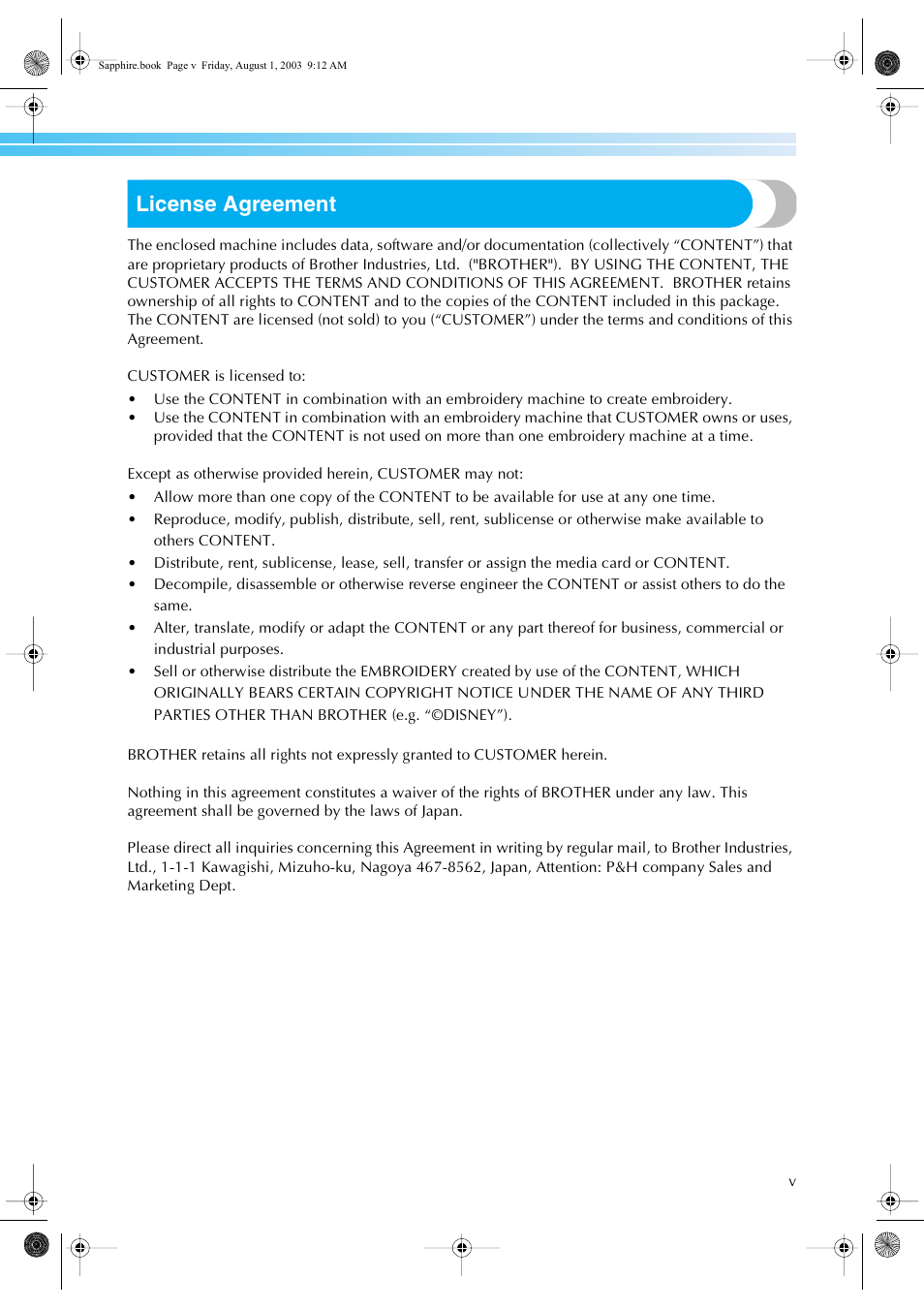 License agreement | Brother PR-600 User Manual | Page 6 / 228