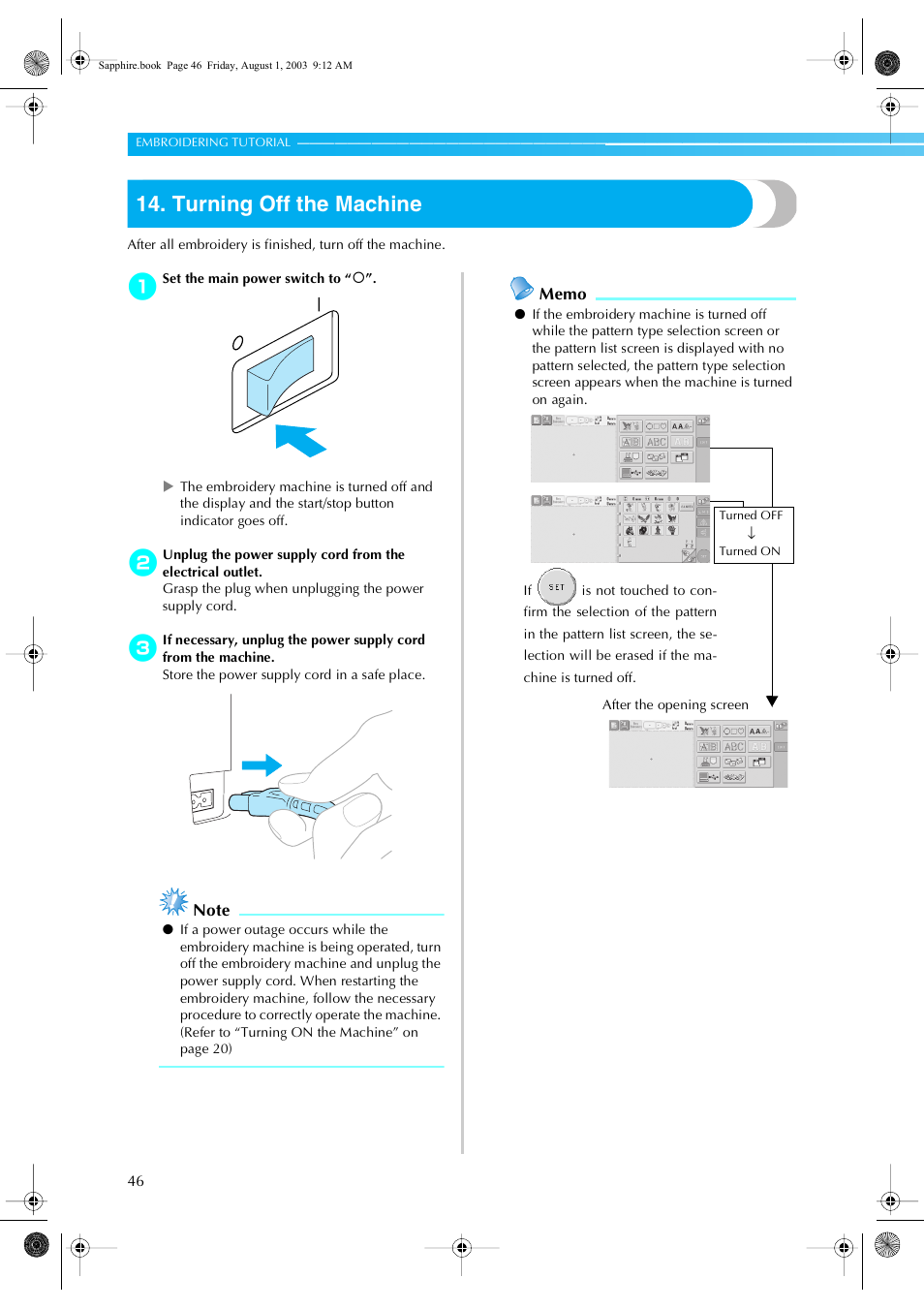 Turning off the machine | Brother PR-600 User Manual | Page 65 / 228