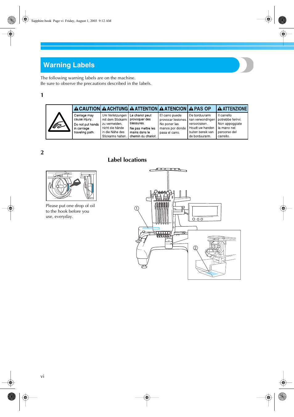 Warning labels | Brother PR-600 User Manual | Page 7 / 228