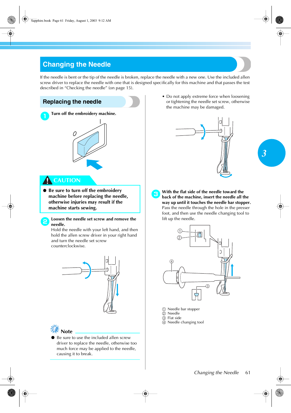 Changing the needle, Replacing the needle, Caution | Brother PR-600 User Manual | Page 80 / 228