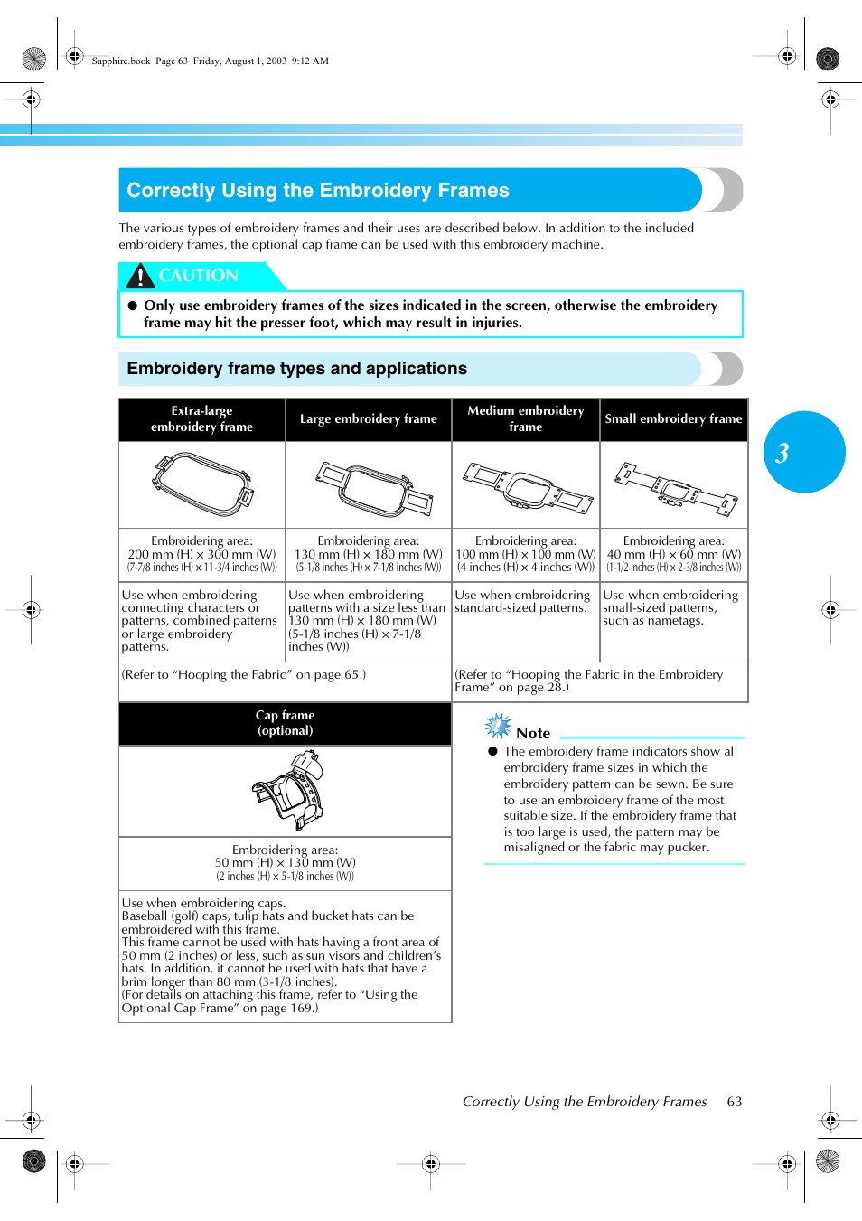 Correctly using the embroidery frames, Embroidery frame types and applications, Caution | Brother PR-600 User Manual | Page 82 / 228