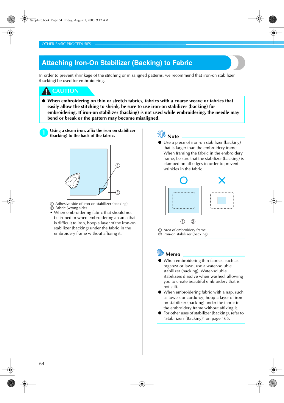 Attaching iron-on stabilizer (backing) to fabric, Caution | Brother PR-600 User Manual | Page 83 / 228