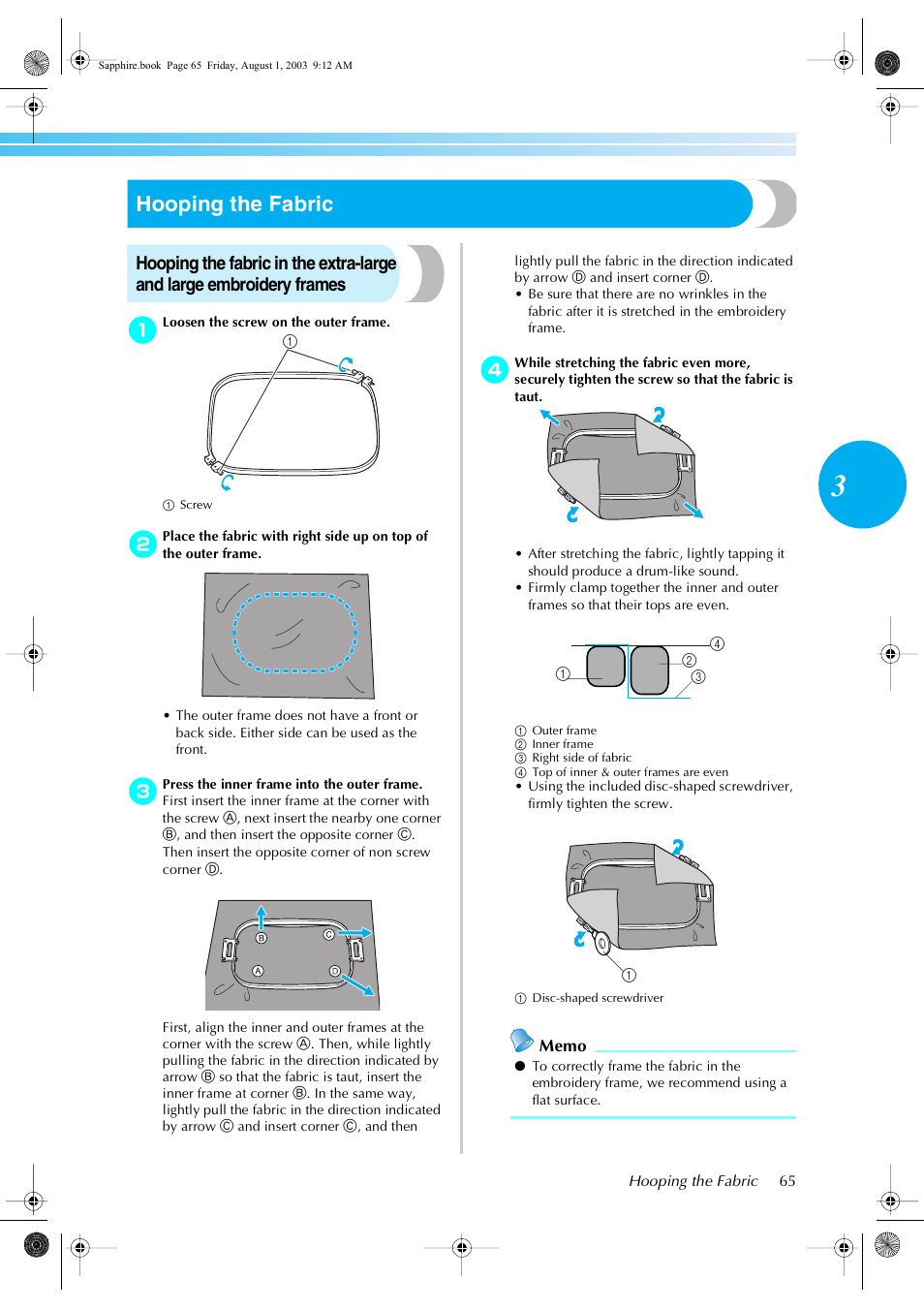 Hooping the fabric | Brother PR-600 User Manual | Page 84 / 228