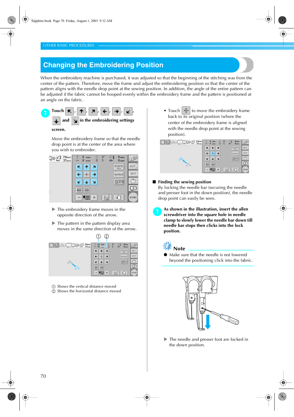 Changing the embroidering position | Brother PR-600 User Manual | Page 89 / 228