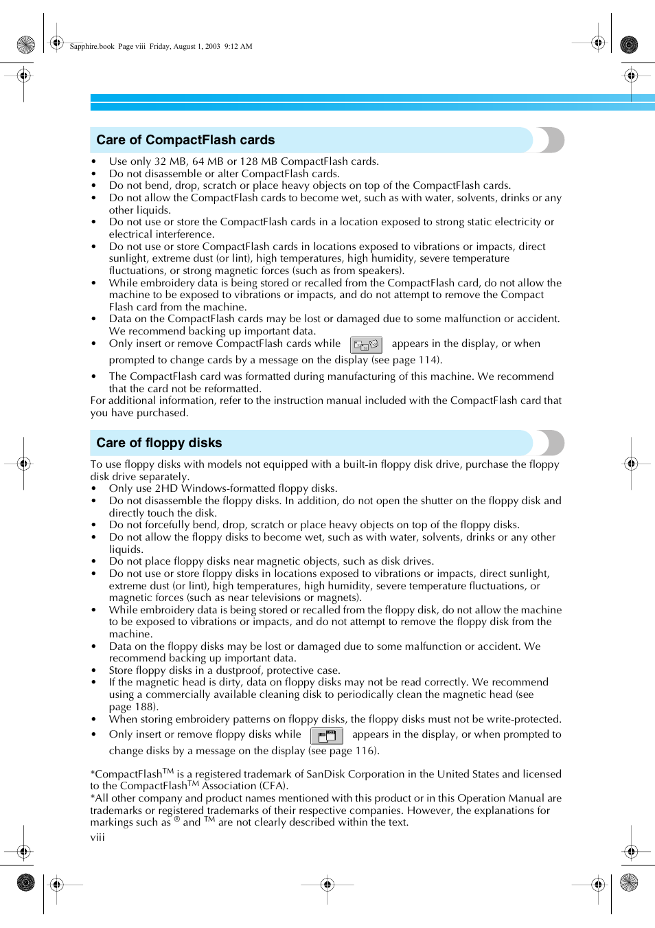 Care of compactflash cards, Care of floppy disks | Brother PR-600 User Manual | Page 9 / 228