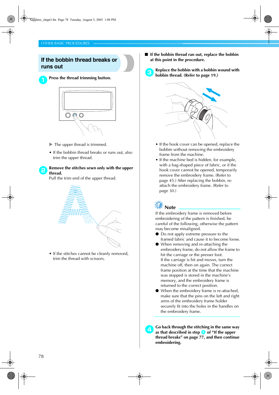 If the bobbin thread breaks or runs out | Brother PR-600 User Manual | Page 97 / 228