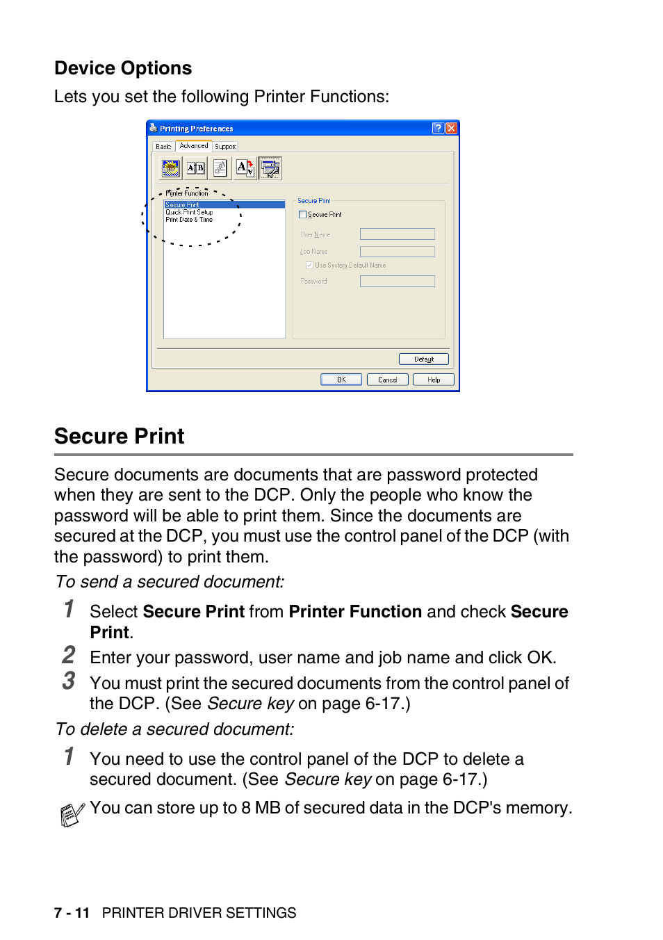 Device options, Secure print, Device options -11 | Secure print -11 | Brother DCP-8025D User Manual | Page 105 / 284