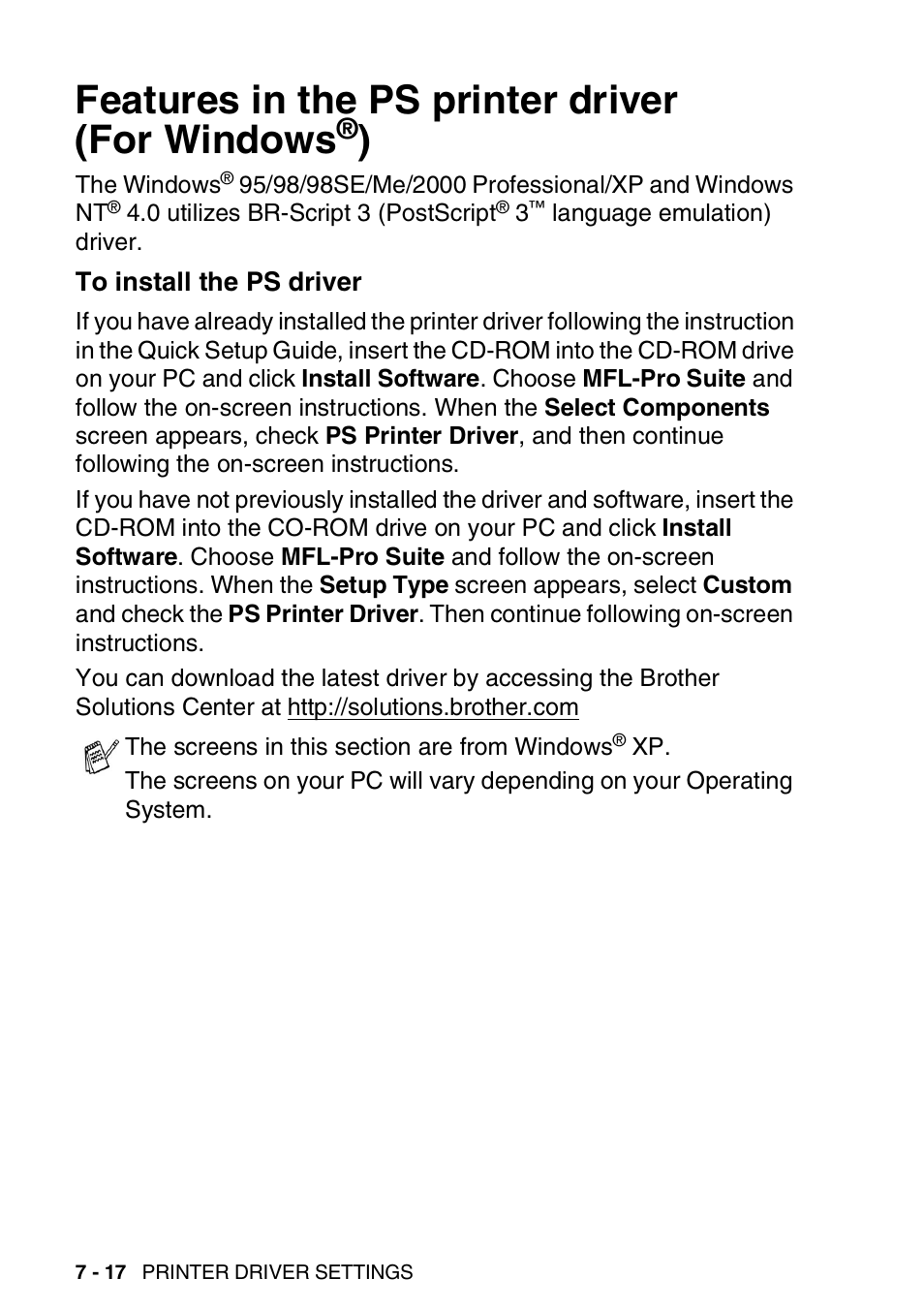 Features in the ps printer driver (for windows®), To install the ps driver, Features in the ps printer driver (for windows | To install the ps driver -17 | Brother DCP-8025D User Manual | Page 111 / 284