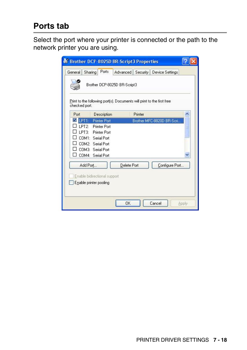 Ports tab, Ports tab -18 | Brother DCP-8025D User Manual | Page 112 / 284