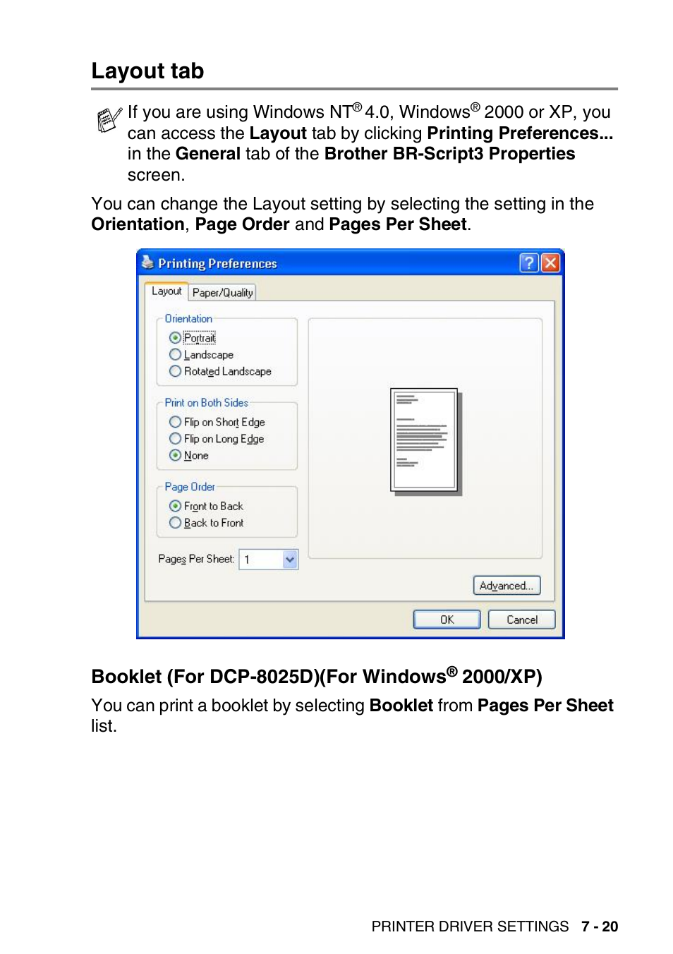 Layout tab, Booklet (for dcp-8025d)(for windows® 2000/xp), Layout tab -20 | Booklet (for dcp-8025d)(for windows, 2000/xp) -20 | Brother DCP-8025D User Manual | Page 114 / 284