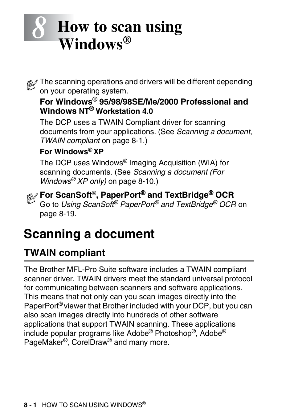 8 how to scan using windows, Scanning a document, Twain compliant | How to scan using windows, Scanning a document -1, Twain compliant -1 | Brother DCP-8025D User Manual | Page 117 / 284