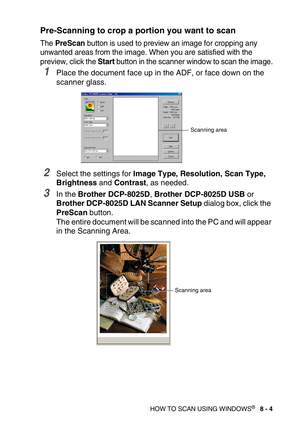 Pre-scanning to crop a portion you want to scan, Pre-scanning to crop a portion you want to scan -4 | Brother DCP-8025D User Manual | Page 120 / 284