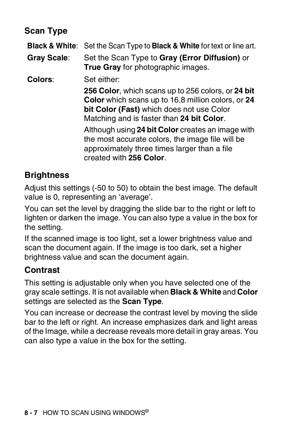 Scan type, Brightness, Contrast | Scan type -7 brightness -7 contrast -7 | Brother DCP-8025D User Manual | Page 123 / 284