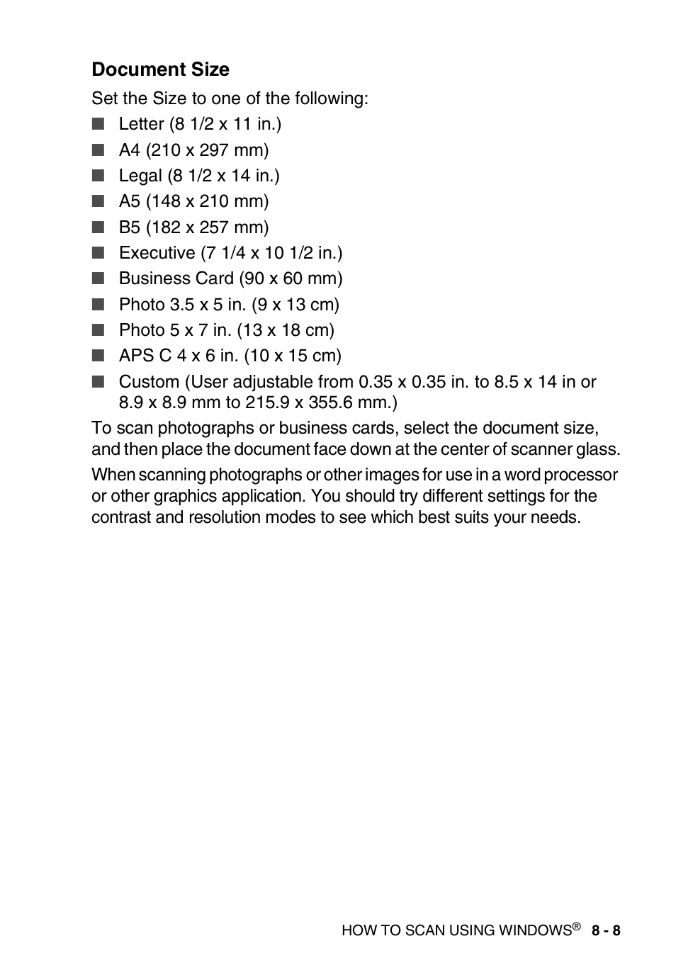 Document size, Document size -8 | Brother DCP-8025D User Manual | Page 124 / 284