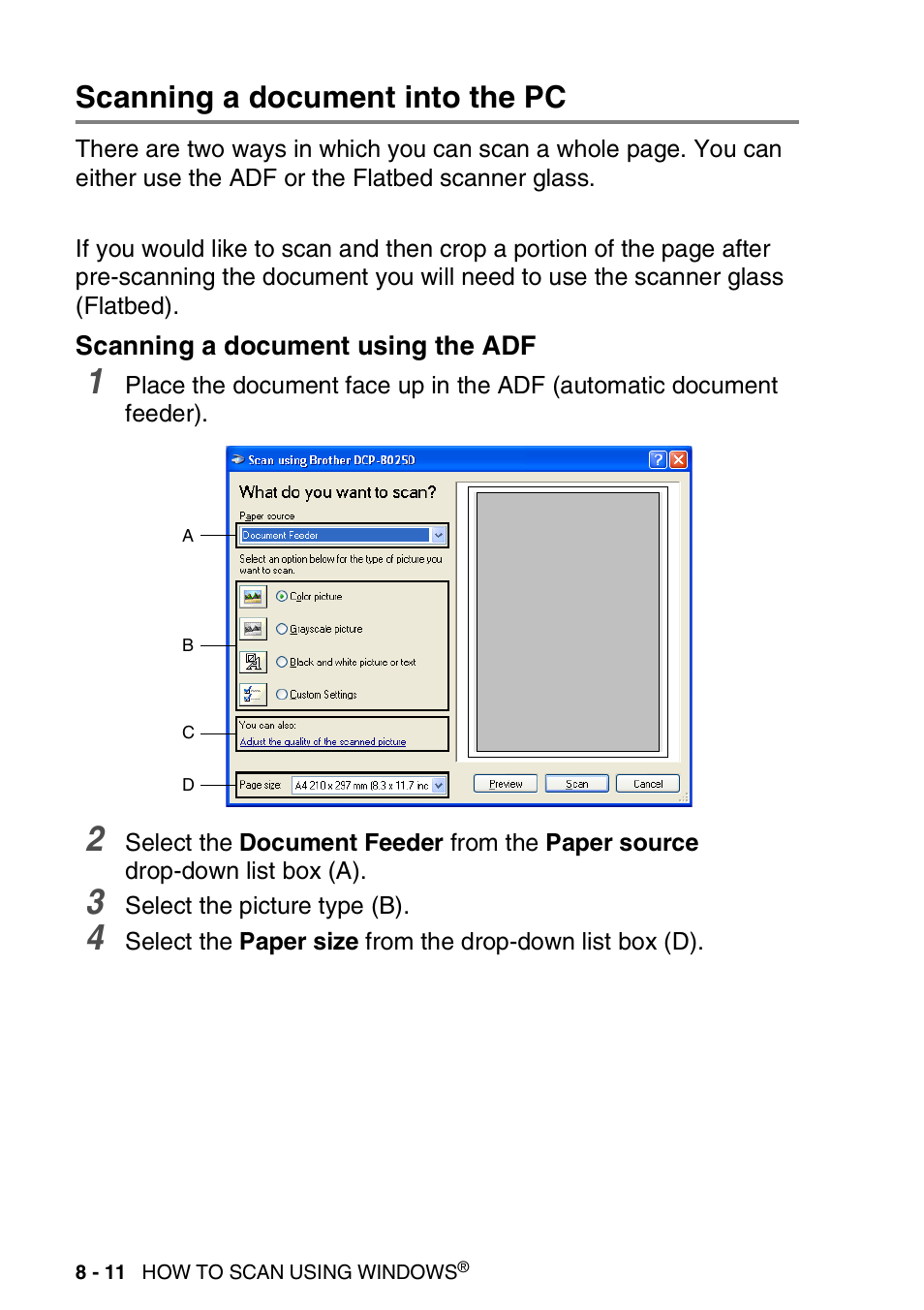 Scanning a document into the pc, Scanning a document using the adf, Scanning a document into the pc -11 | Scanning a document using the adf -11 | Brother DCP-8025D User Manual | Page 127 / 284