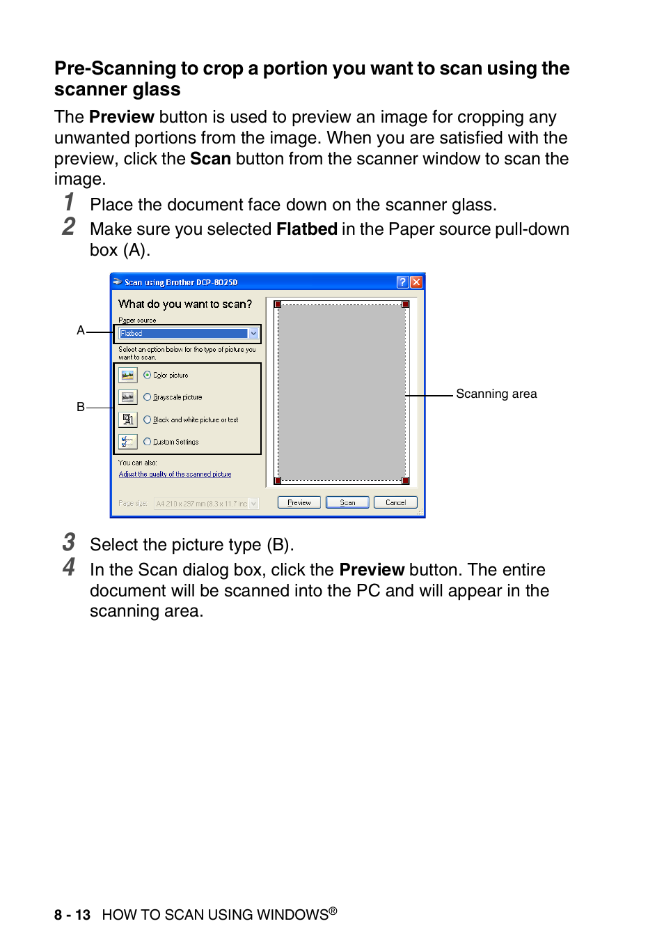 Pre-scanning to crop a portion you want to, Scan using the scanner glass -13 | Brother DCP-8025D User Manual | Page 129 / 284